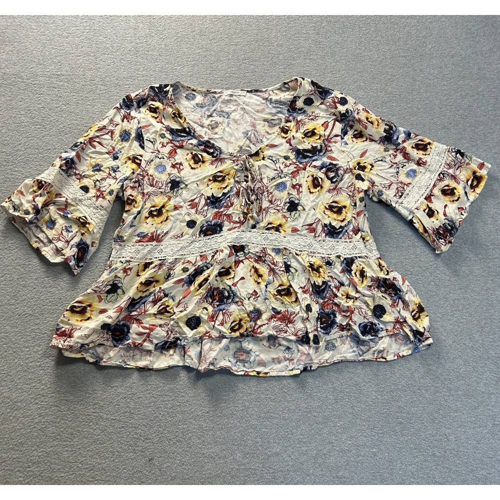 Maurices Peplum Blouse Womens Large Floral Lace Trim Bell Sleeve Boho Top Rayon